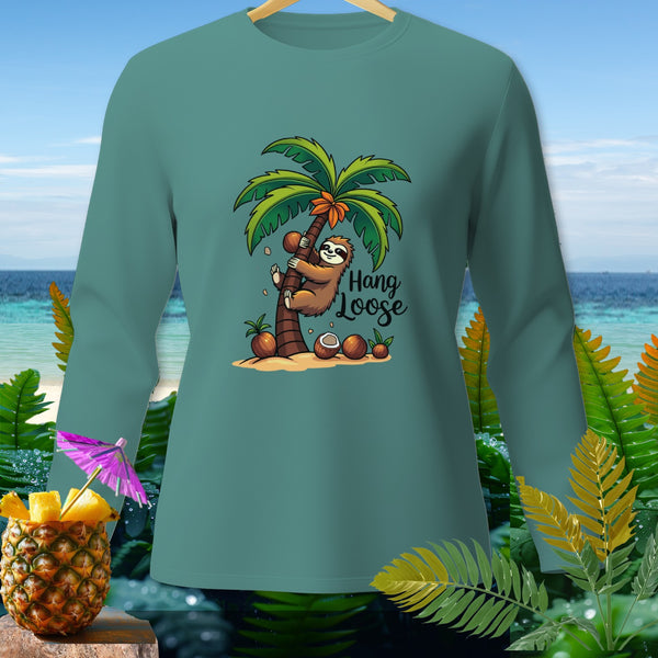 Teal long-sleeve shirt with a sloth on a palm tree and the text "Hang Loose."
