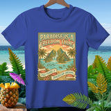 Blue t-shirt with island scene graphic reading 