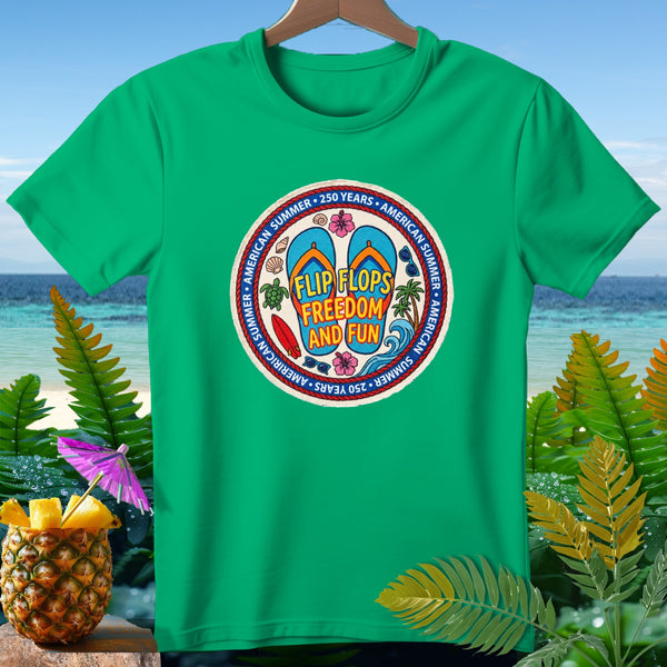 Green t-shirt with circular graphic: "Flip Flops Freedom and Fun".