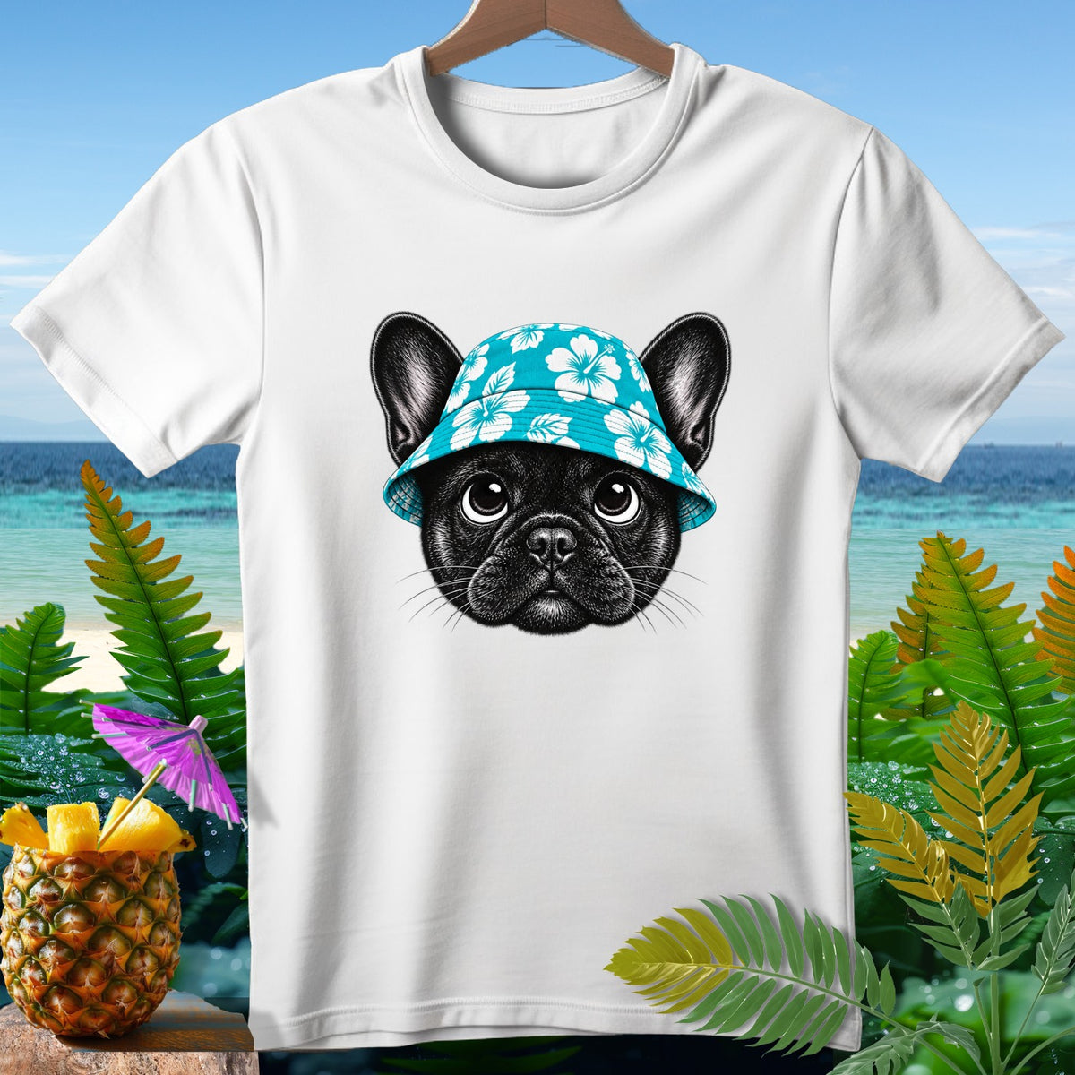 White t-shirt with a black French bulldog wearing a blue hibiscus-patterned bucket hat.