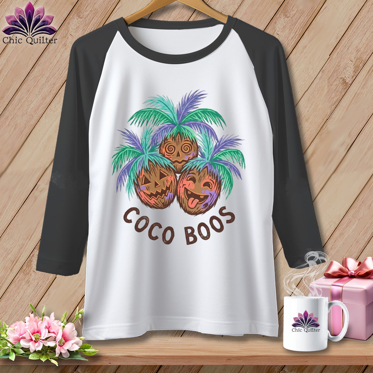 Raglan baseball tee with three cartoon coconuts and text "Coco Boos."