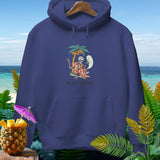 Navy hoodie with skeleton, ghost, and pumpkins under a palm tree graphic.
