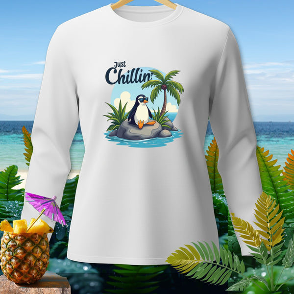 White long-sleeve shirt with penguin graphic that says "Just Chillin".
