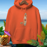 Orange hoodie with surfboard graphic featuring Halloween and ocean elements.