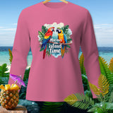 Pink long sleeve shirt with macaws on island time graphic.