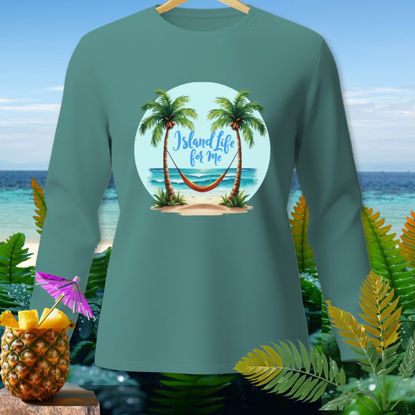 Teal long-sleeve shirt with "Island Life for Me" beach scene graphic.
