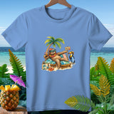 Sloth with sunglasses relaxes on beach chair, toucan nearby, 