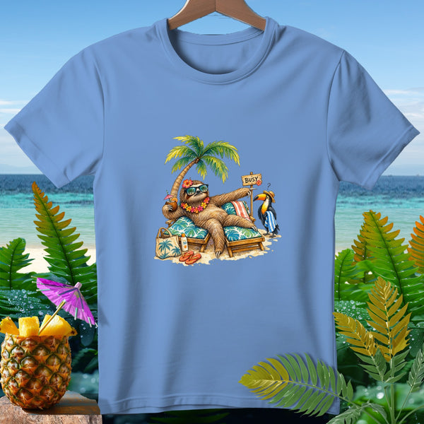 Sloth with sunglasses relaxes on beach chair, toucan nearby, "Busy" sign.