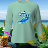 Long-sleeved shirt with a colorful dolphin jumping over a wave graphic.