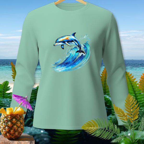 Long-sleeved shirt with a colorful dolphin jumping over a wave graphic.