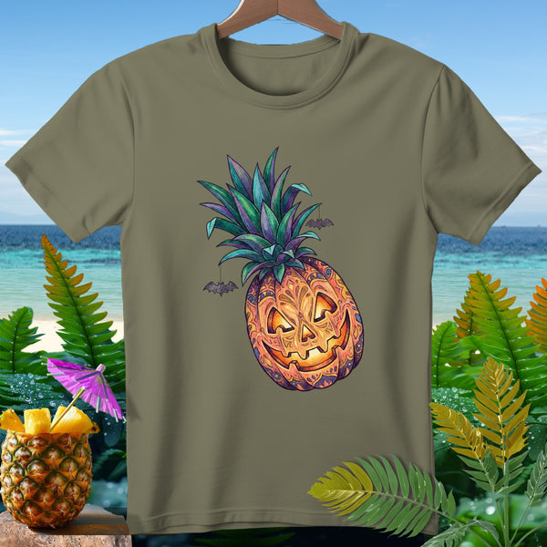 Olive green t-shirt with a Halloween pineapple and bats graphic.