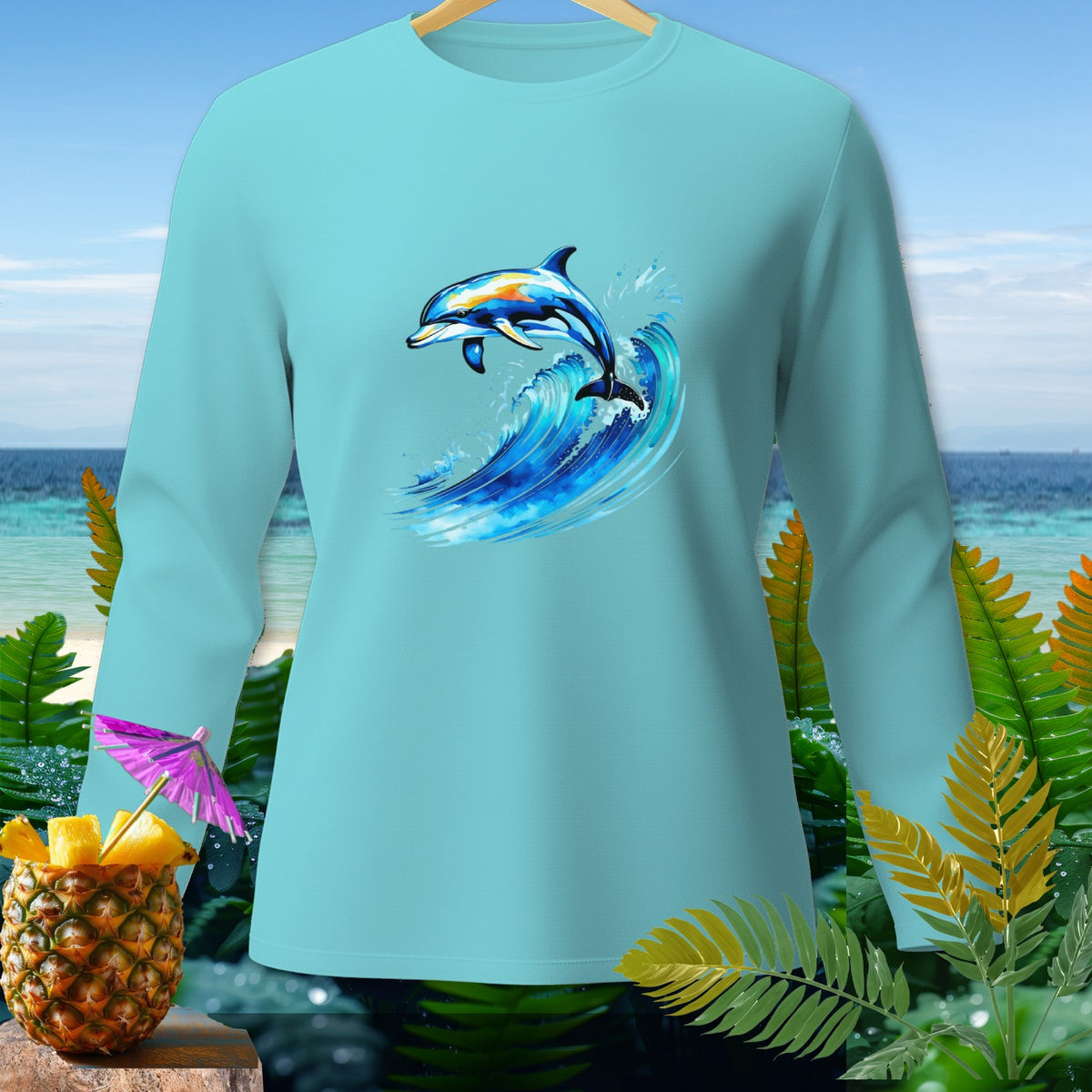 Light blue long-sleeve shirt with a colorful dolphin jumping over a wave graphic.