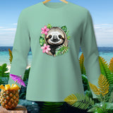 Mint long-sleeve shirt with a sloth head and tropical leaves graphic.