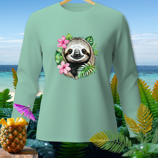 Mint long-sleeve shirt with a sloth head and tropical leaves graphic.