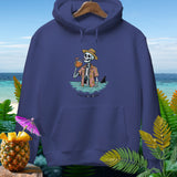 Dark blue hoodie featuring a skeleton in a hat drinking from a coconut with a shark fin visible.