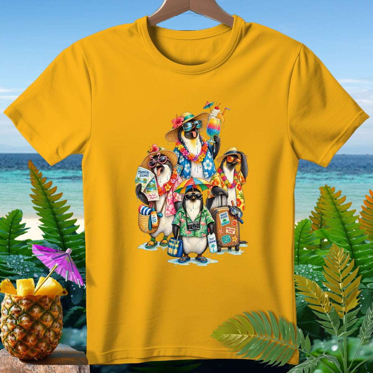 Group of penguins in Hawaiian shirts and sunglasses on a beach vacation, holding drinks and luggage.