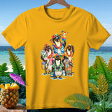 Group of penguins in Hawaiian shirts and sunglasses on a beach vacation, holding drinks and luggage.