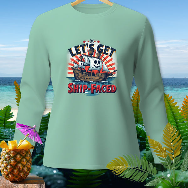 Light green long-sleeve shirt with a pirate ship and skull graphic that says "LET'S GET SHIP-FACED."