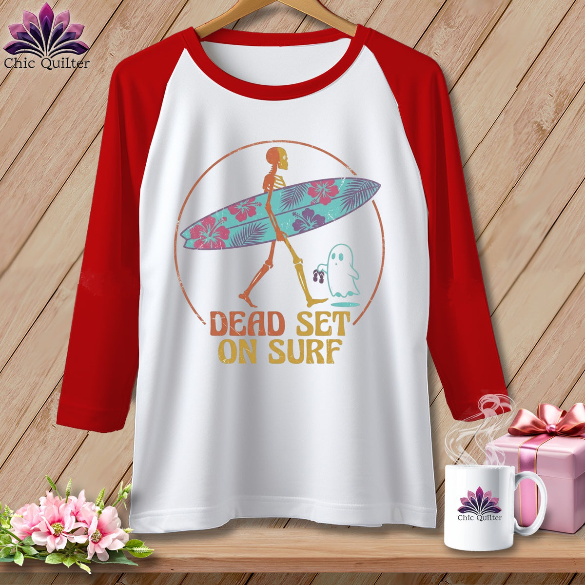 Skeleton with surfboard and ghost, text "DEAD SET ON SURF".