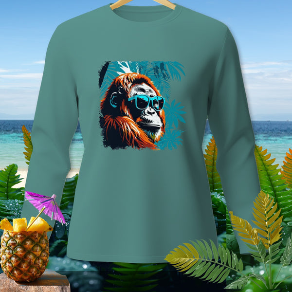 Teal long-sleeve shirt with a graphic of an orangutan wearing sunglasses.