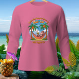 Pink long-sleeve shirt with a monkey in a hammock and tropical drink graphic.