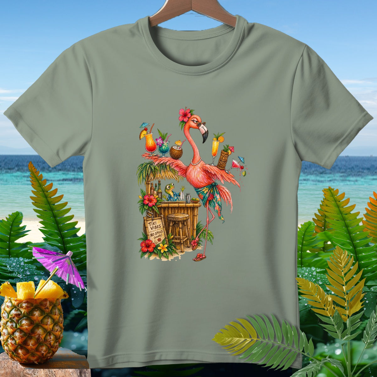 Flamingo at tiki bar with cocktails, saying "Tiki Vibes No Spills (usually)".