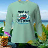 Long-sleeved shirt with a graphic of a lobster surfing on a wave.