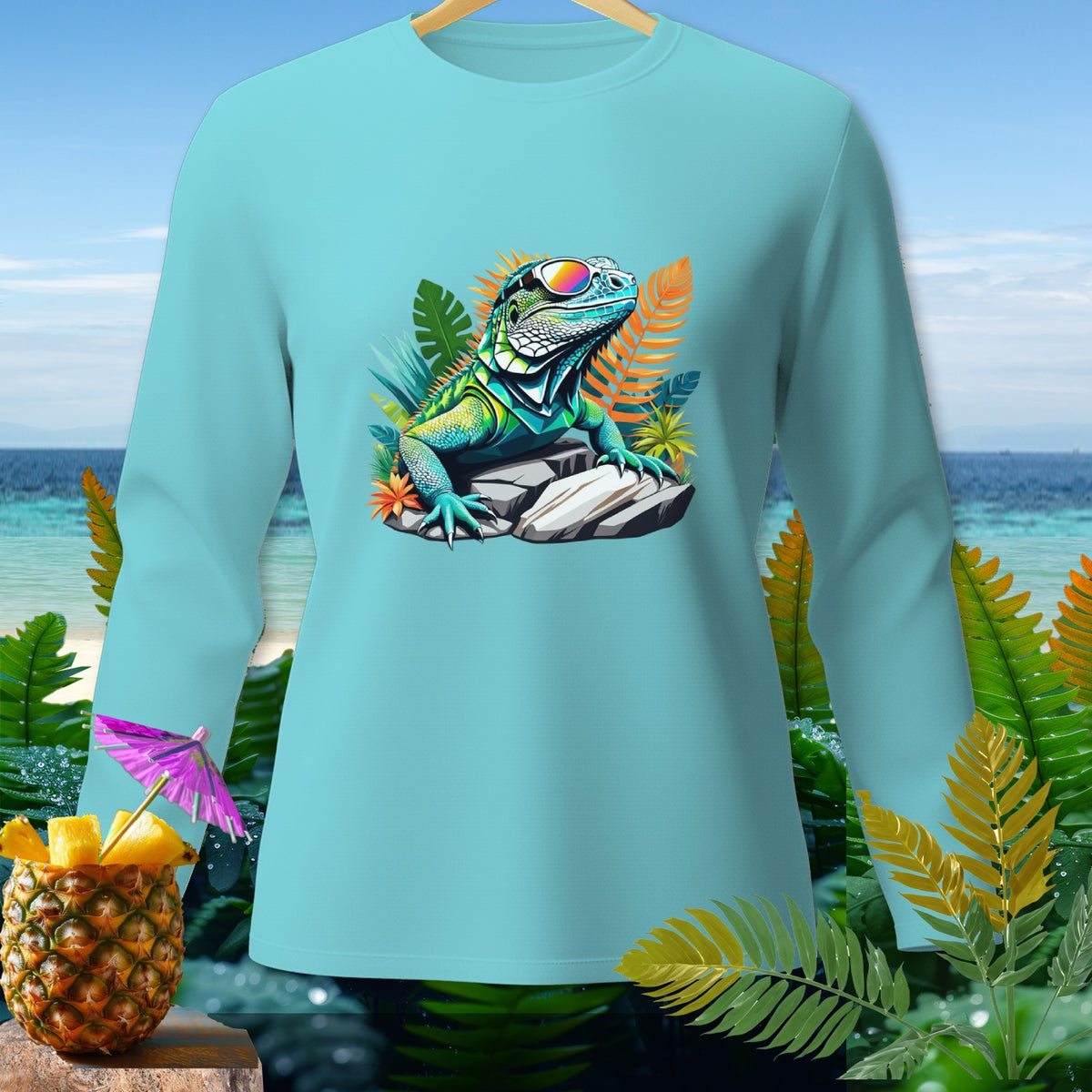 Light blue long-sleeve shirt with a colorful iguana wearing sunglasses graphic.