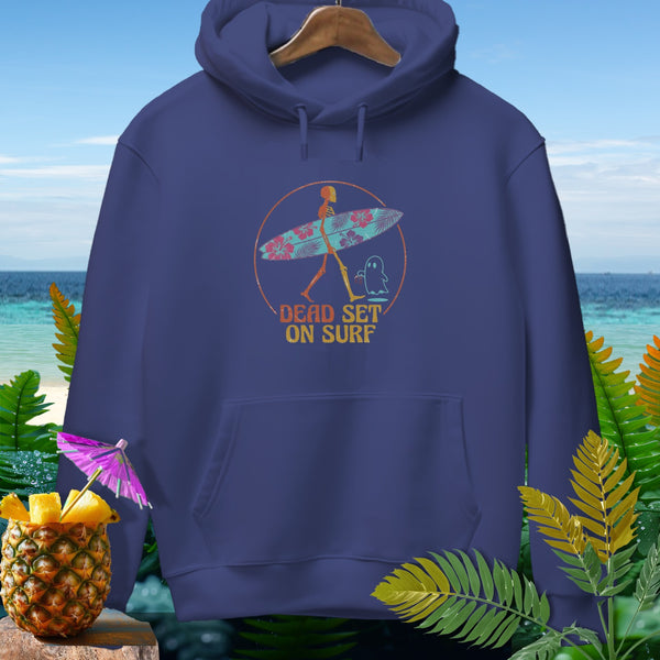 Navy hoodie with "Dead Set On Surf" graphic featuring a skeleton carrying a surfboard.