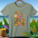 T-shirt with cartoon squirrels making and drinking smoothies at a tropical stand.