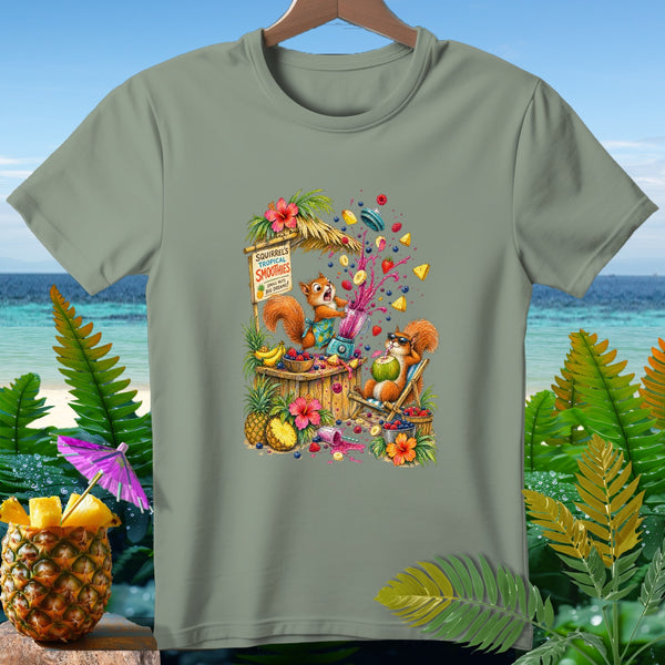 T-shirt with cartoon squirrels making and drinking smoothies at a tropical stand.