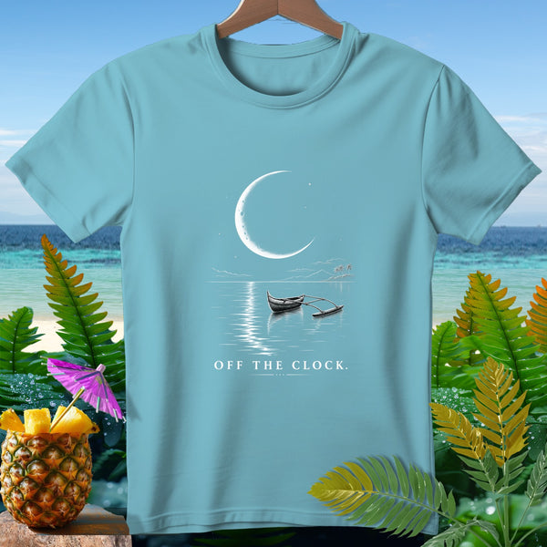 Light blue t-shirt with moon, boat, and "OFF THE CLOCK." text.