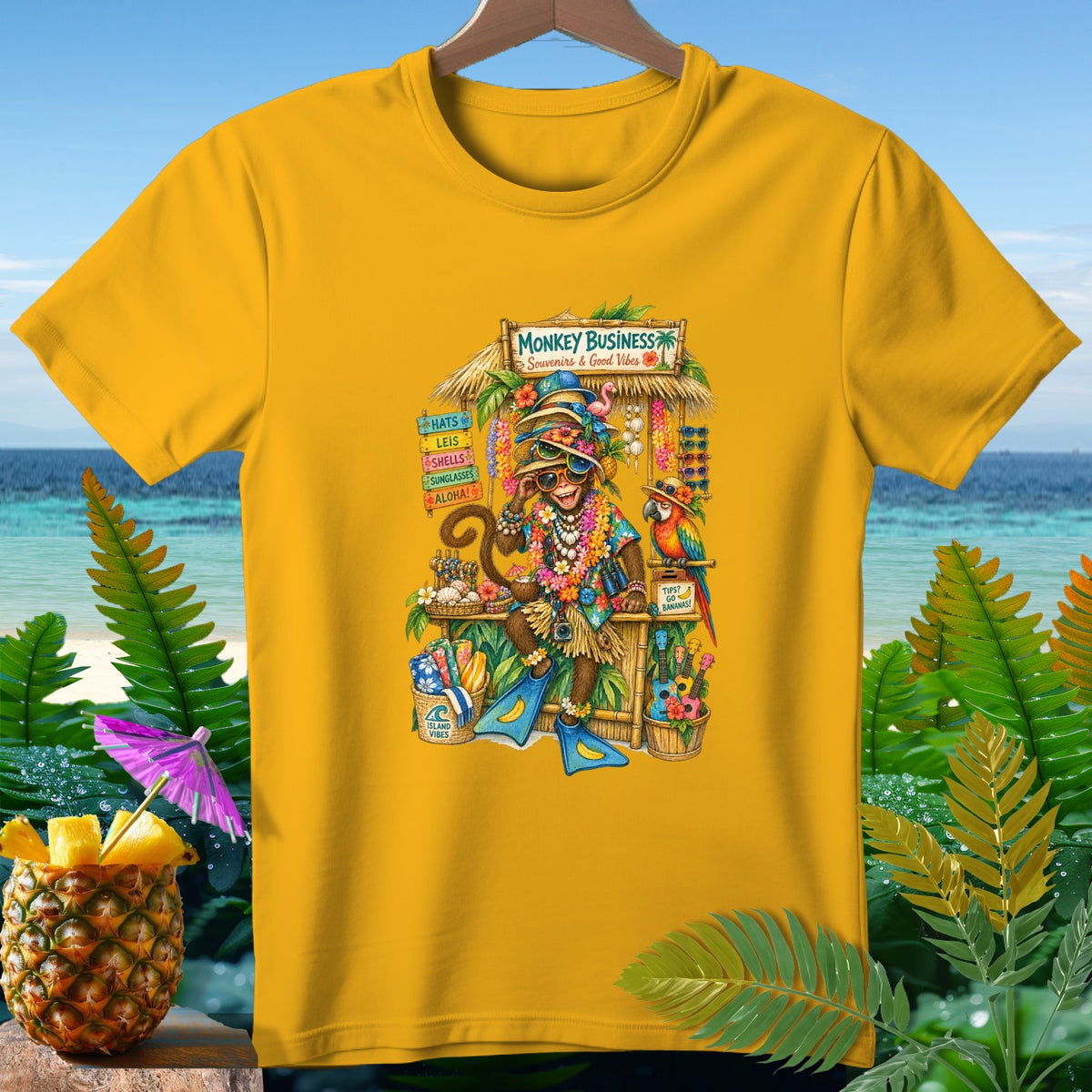 Monkey Business t-shirt featuring a monkey and parrot at a souvenir stand.