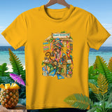 Monkey Business t-shirt featuring a monkey and parrot at a souvenir stand.
