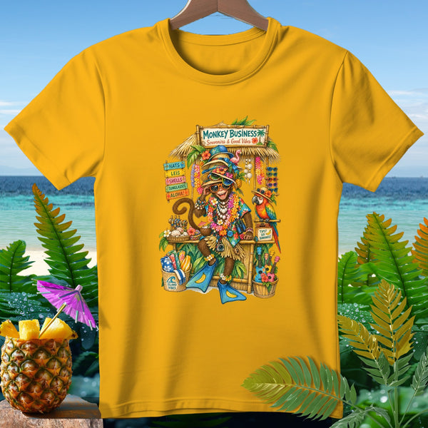 Monkey Business t-shirt featuring a monkey and parrot at a souvenir stand.