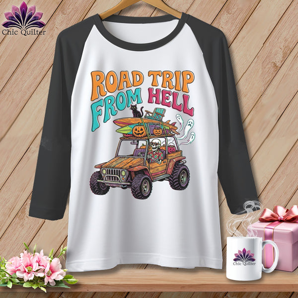 T-shirt with "Road Trip From Hell" graphic featuring a skeleton driving an off-road vehicle.