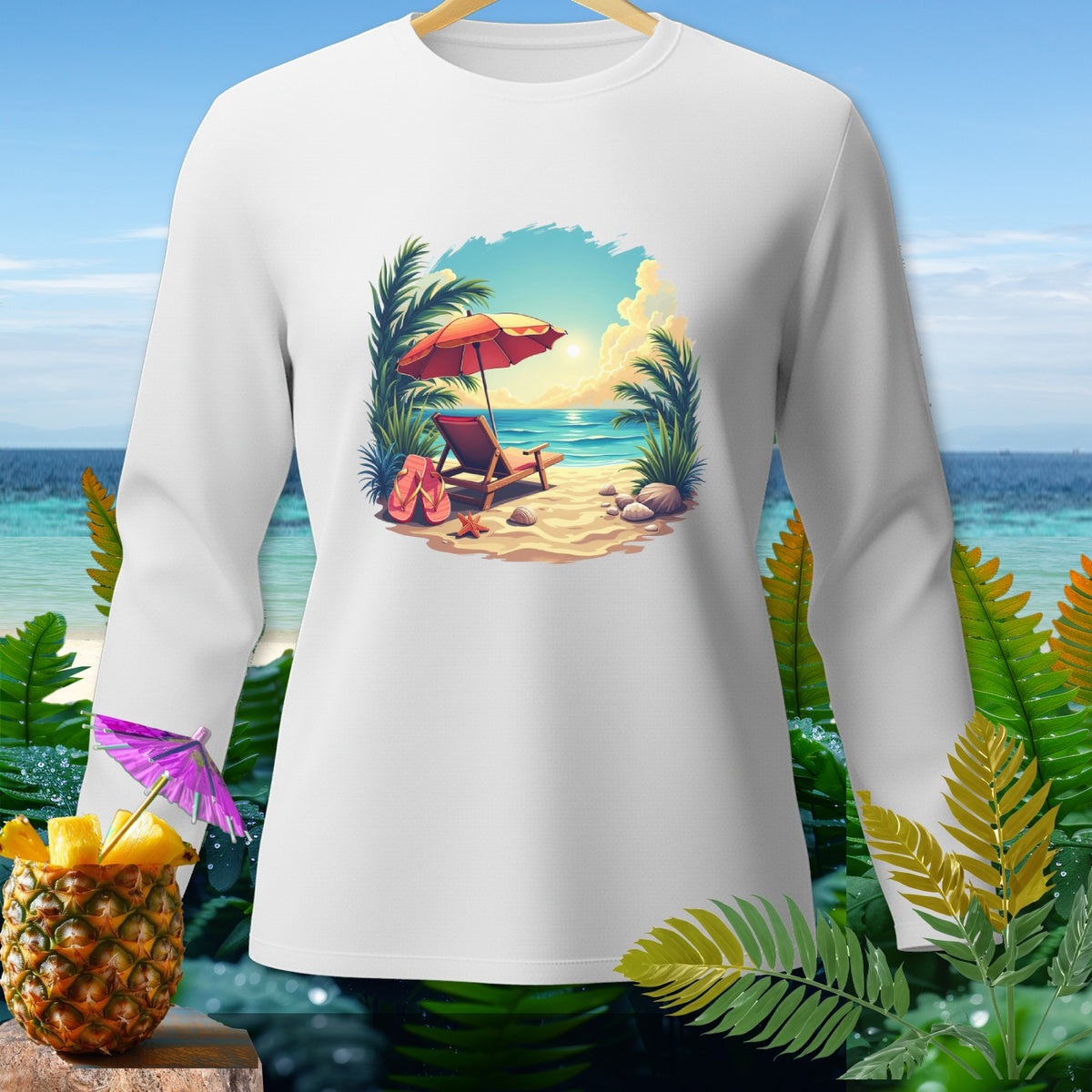White long-sleeve shirt with a beach scene graphic: lounge chair, umbrella, flip-flops, and ocean.