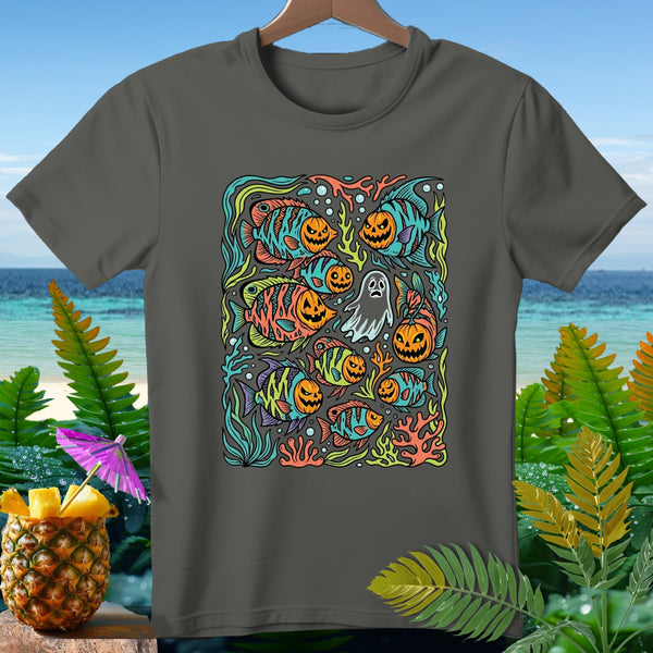 Halloween fish and ghost in colorful underwater scene on grey t-shirt.
