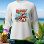 White long-sleeve shirt with octopus on beach graphic reading "BEACHIN' AIN'T Easy".