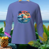 Purple long-sleeve shirt with a surfer graphic and text 