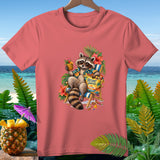 Raccoon in Hawaiian shirt sits in beach chair with resort snacks and drink.