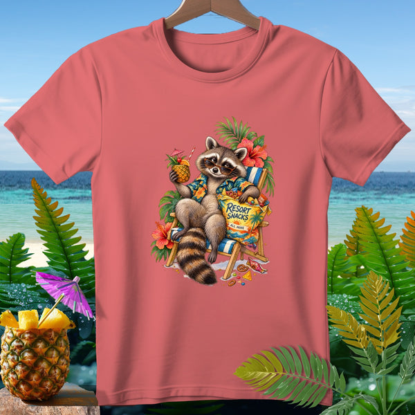 Raccoon in Hawaiian shirt sits in beach chair with resort snacks and drink.