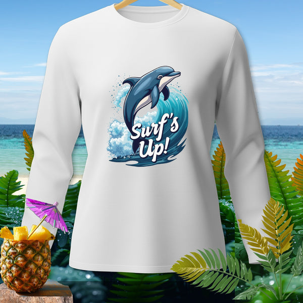White long-sleeve shirt with dolphin jumping wave graphic and text "Surf's Up!".