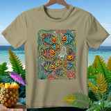 T-shirt featuring Halloween-themed fish and a ghost illustration.