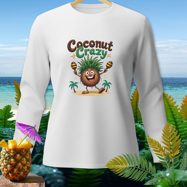 White long-sleeve shirt with "Coconut Crazy" text and a cartoon coconut character.