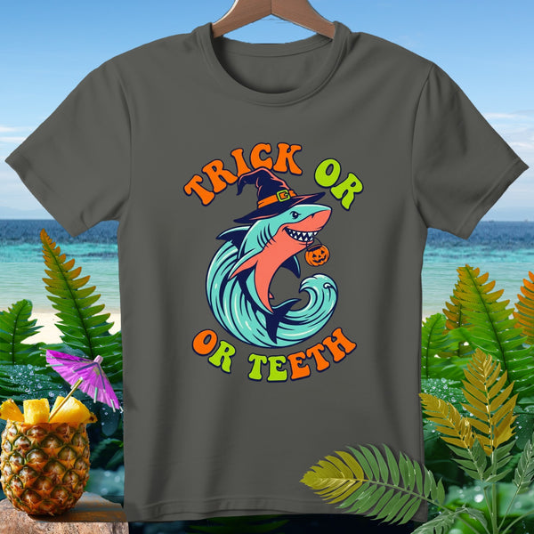 Shark wearing witch hat with pumpkin, text "Trick or Or Teeth".