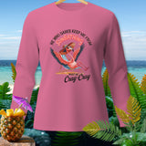 Pink long-sleeve shirt with a graphic of a flamingo sunbathing and the text 
