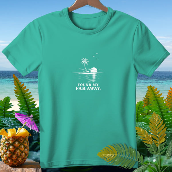 Teal t-shirt with "FOUND MY FAR AWAY." and a beach scene graphic.