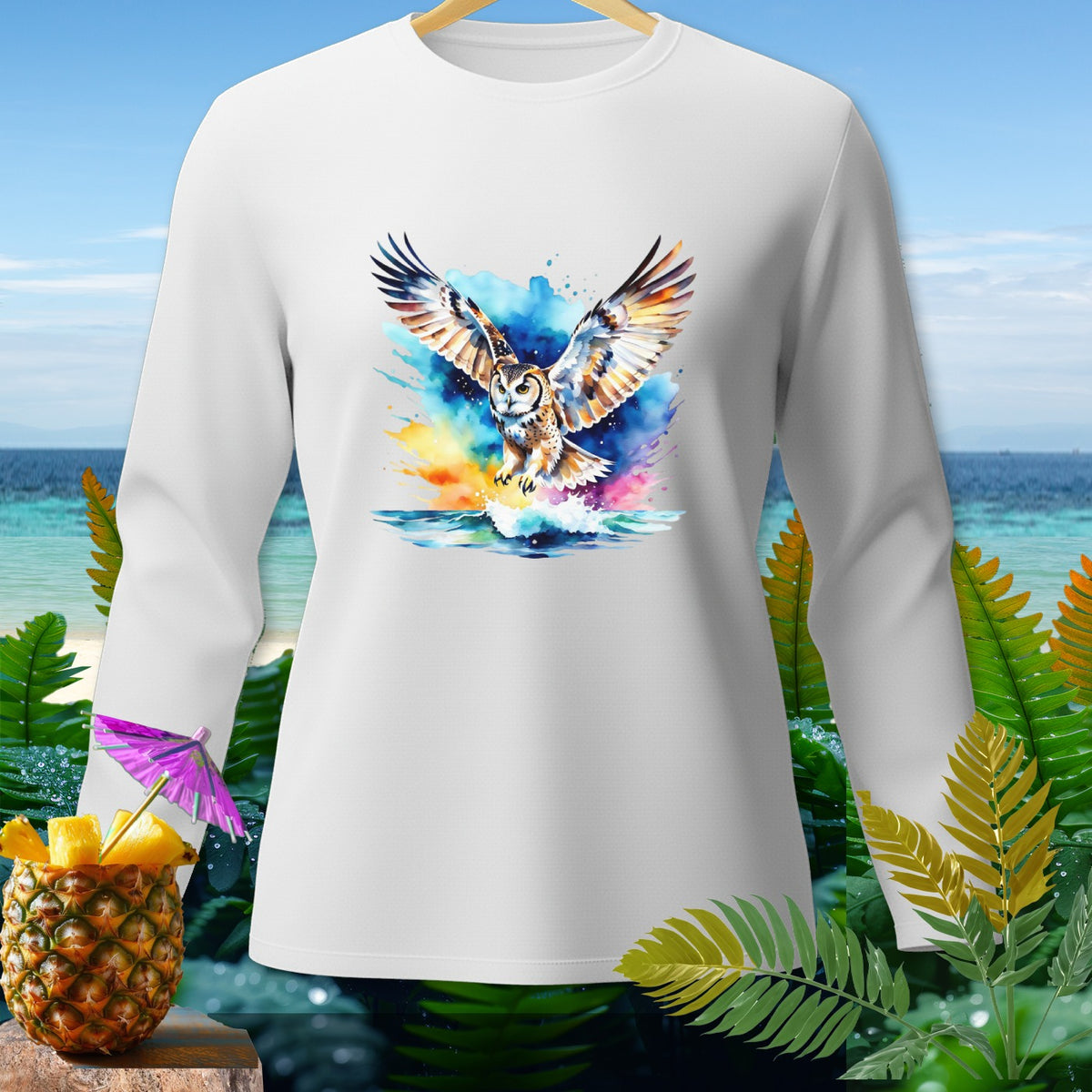 White long-sleeve shirt with a watercolor owl in flight design.