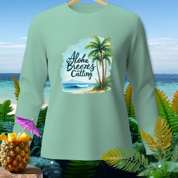 Light green long sleeve shirt with "Aloha Breezes are Calling" graphic.